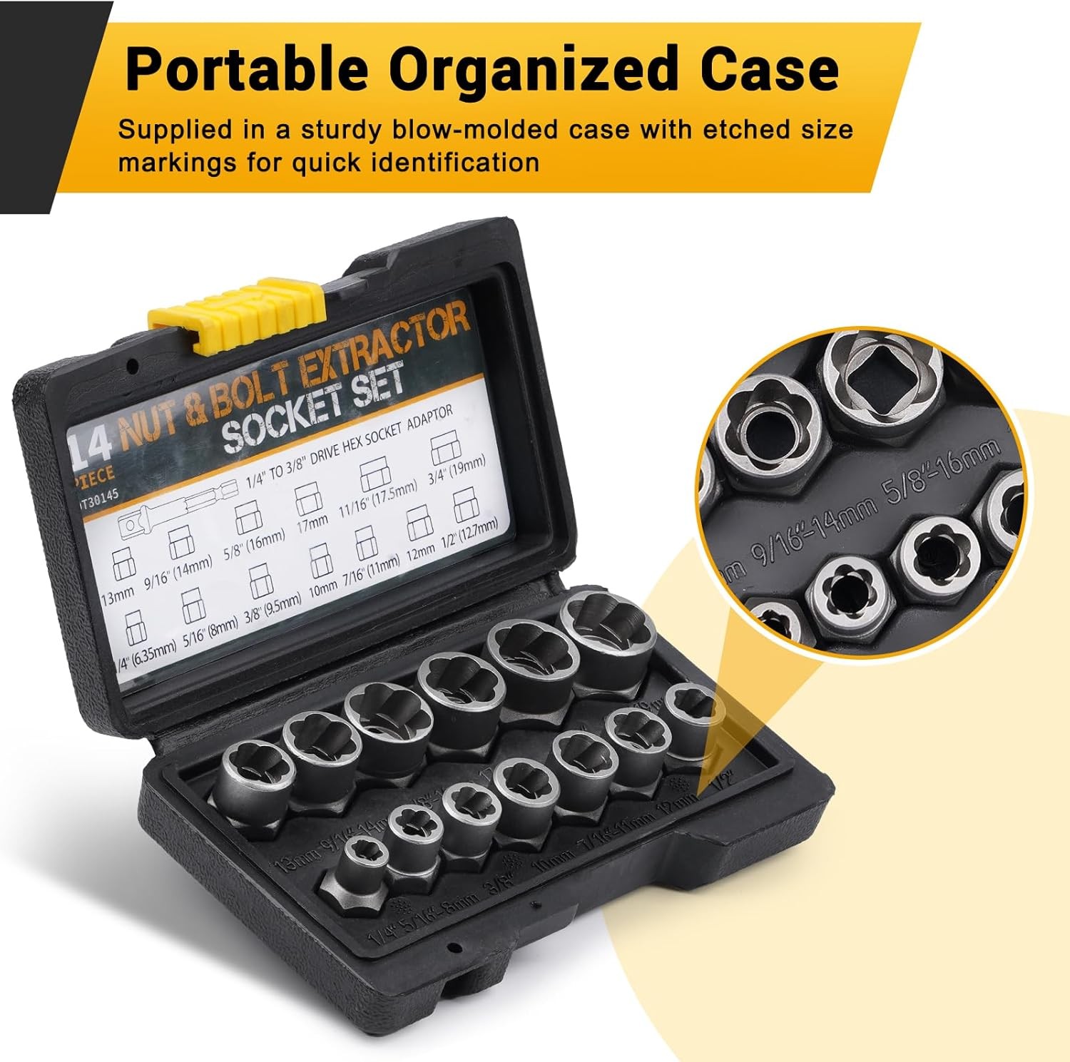 Impact Nut & Bolt Remover Set 3/8″ Bolt Extractor Tool Socket Kit With Case 14pc