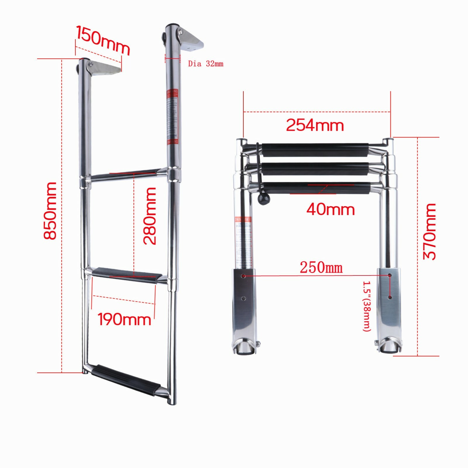 Telescopic Boat Ladder 3 Steps Stainless Steel Extension Folding Pontoon Ladder