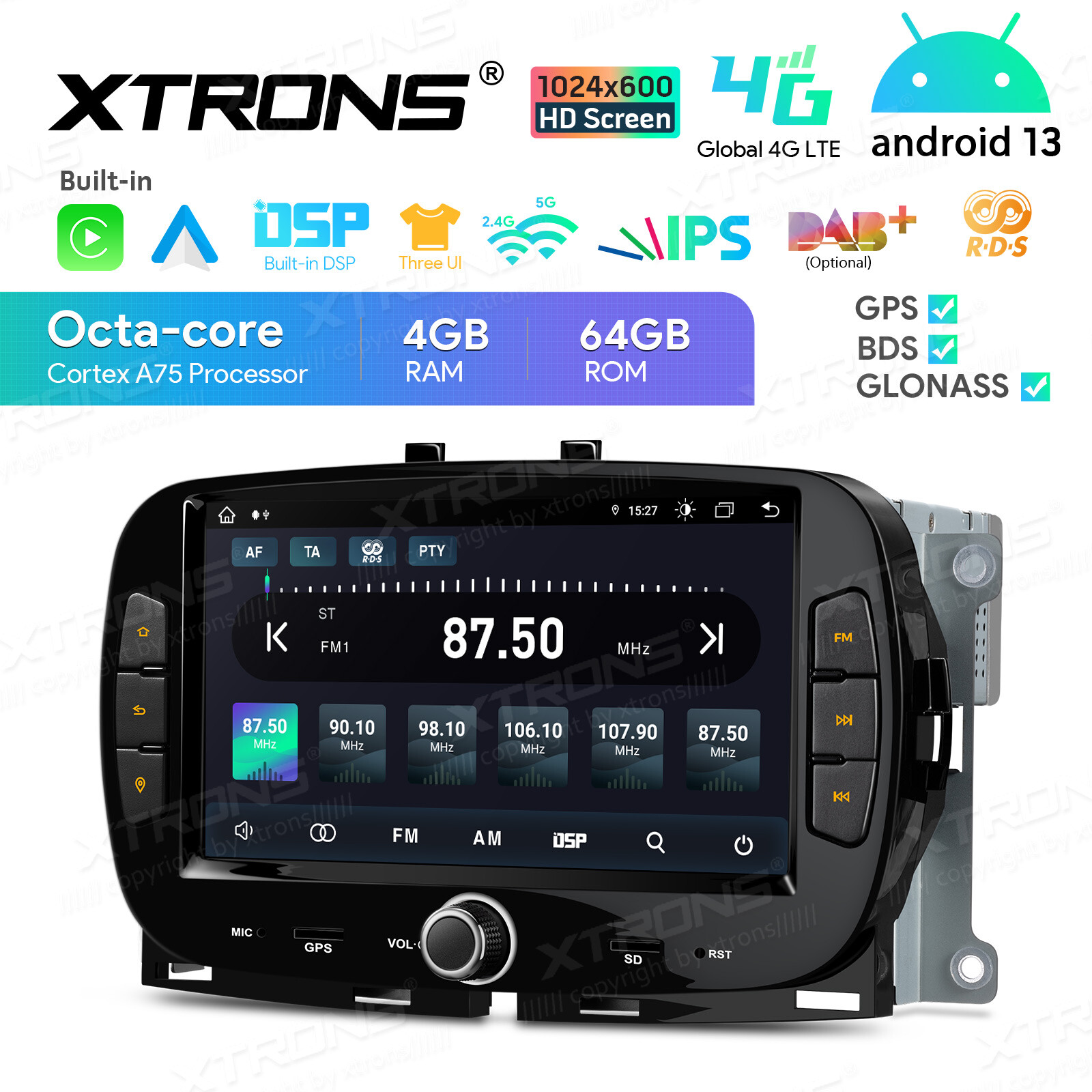 CarPlay For Fiat 500 Android 13 8-Core Car Stereo Radio RDS GPS 4G LTE WiFi 64GB