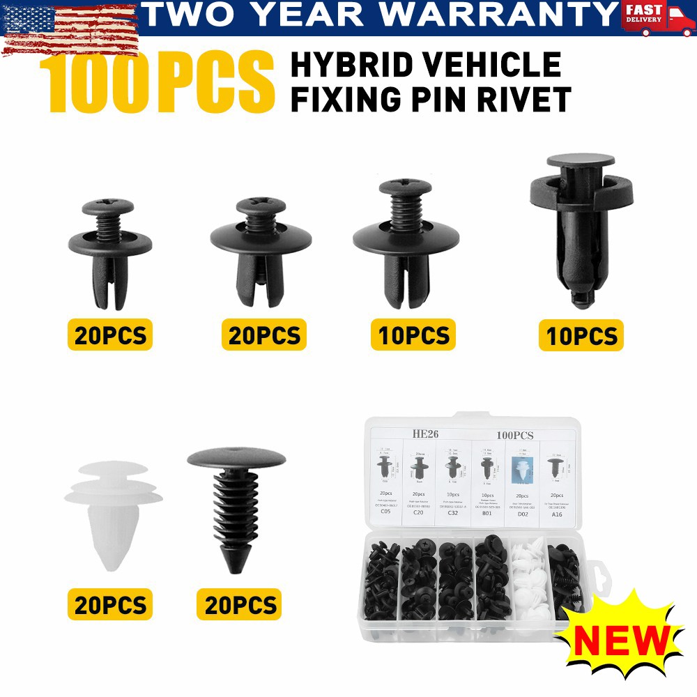 HE26 Body Plastic Bumper Car Trim Tool Fender Clips Retainer Fastener Kit 100Pc