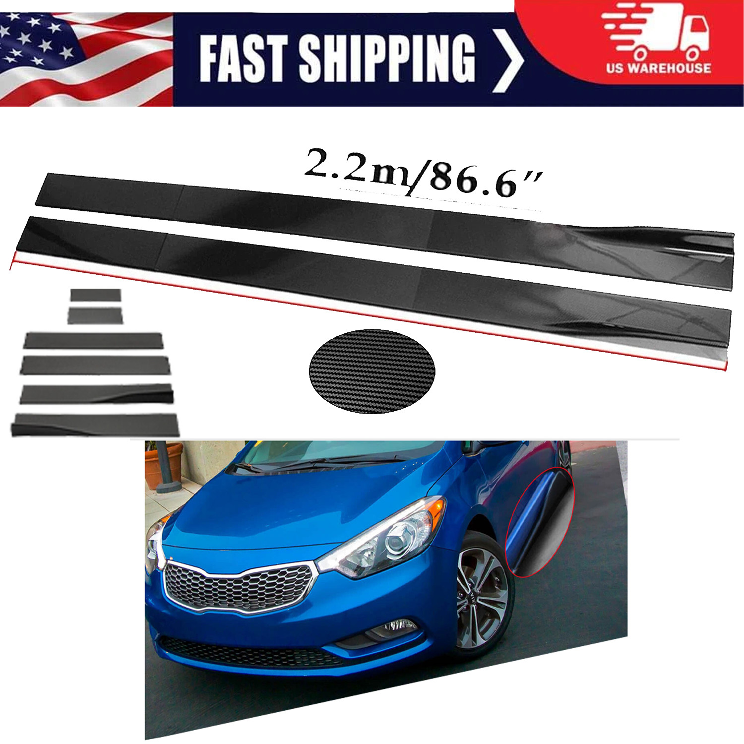 For Kia Forte Carbon Fiber 86.6inch Side Skirt Extensions Rocker Panel