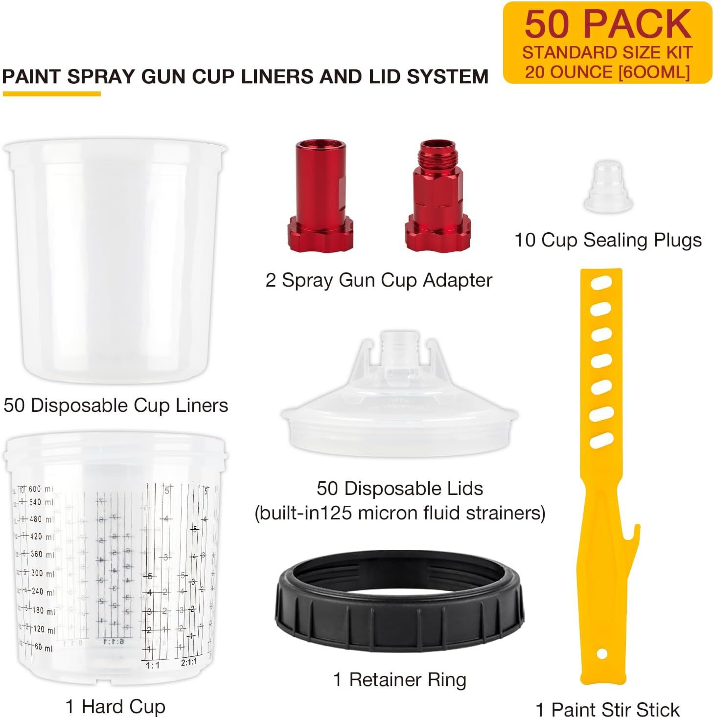 ? 50 Pack Disposable Paint Spray Gun Cup Liners + Lid System Kit 20oz 600ML Cup
