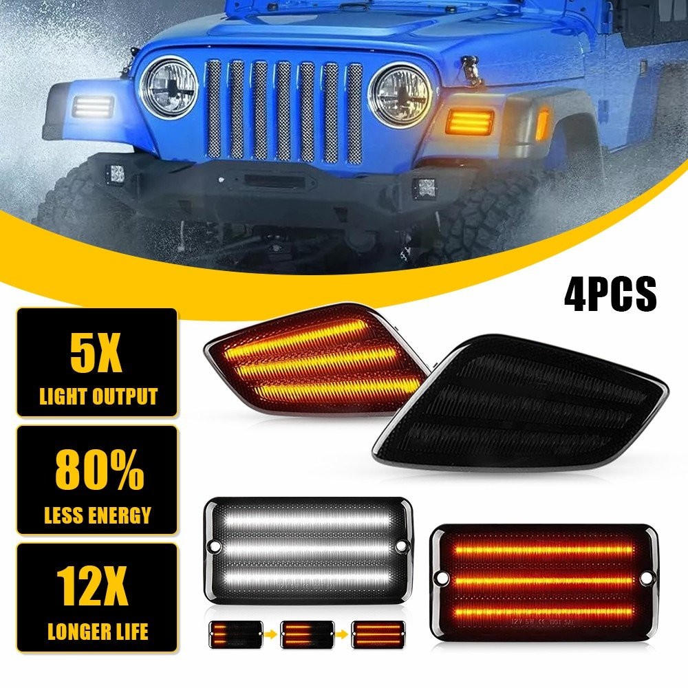 For Jeep Wrangler TJ 1997-2006 Smoked Bumper Signal Fender Side Marker Light 4PC