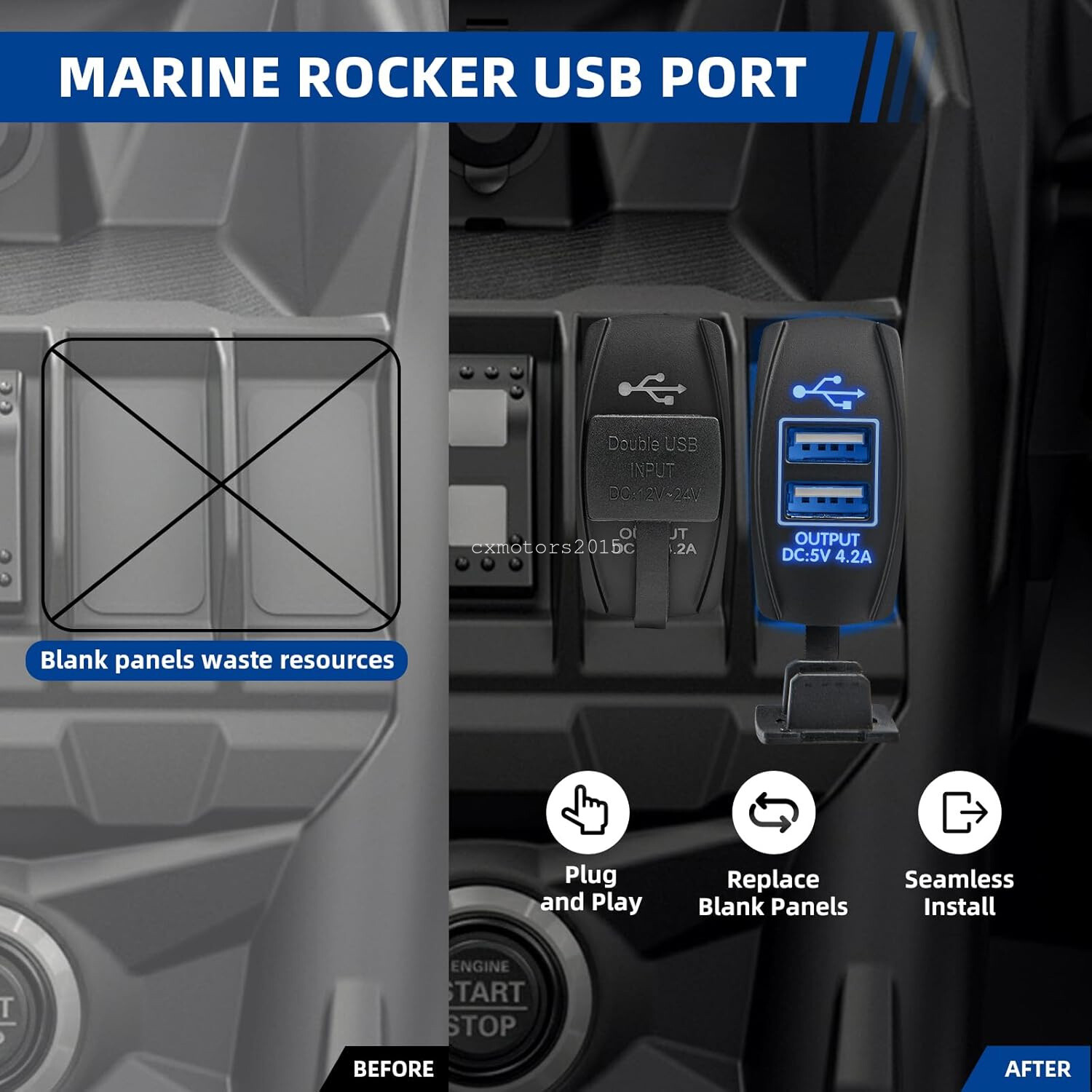 Dual USB Rocker Switch 4.2A Quick Charger Blue LED for Polaris RZR 800 900 1000