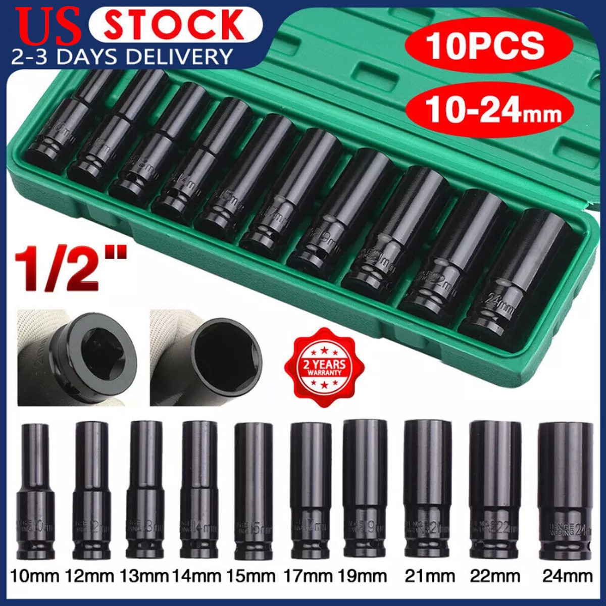 1/2″ Deep Impact Socket Set Drive Long Reach Thin Wall Metric Sockets 10mm-24mm