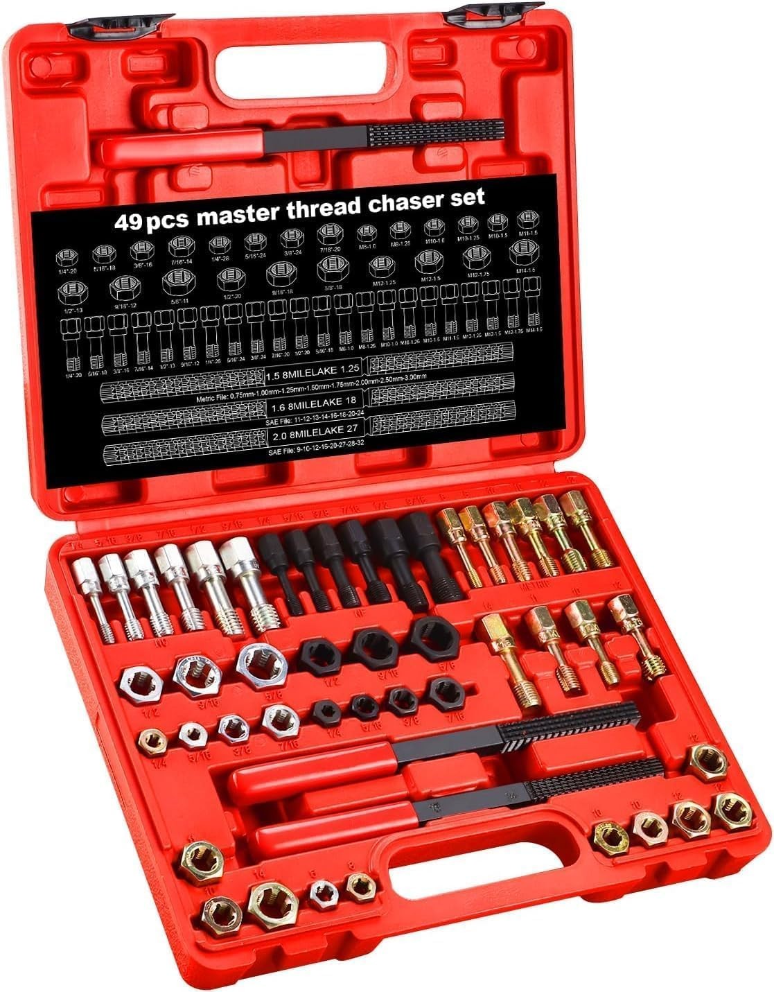 49Pcs Thread Chaser Set Metric SAE Thread Repair Restorer Tool Rethreading Kit
