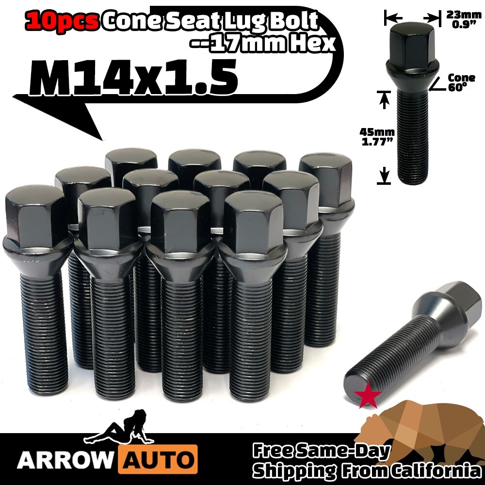 10x Black M14x1.5 Cone Seat Bolt 45mmShank 17mmHex Fit Mercedes AfterMarketWheel
