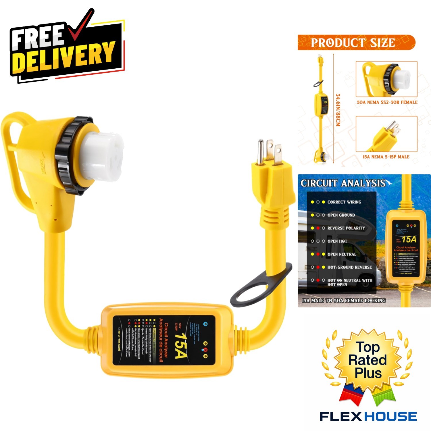 34.6 Inch RV Power Adapter: Locking Connector & Circuit Analyzer for Security