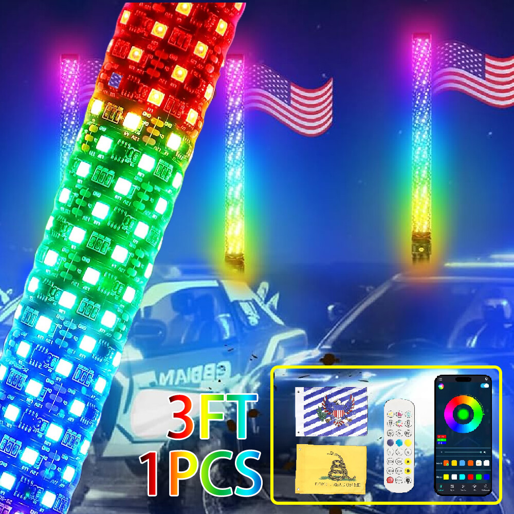 3FT Fat LED Whip Spiral Chasing RGB W/App & Remote Control For Kawasaki UTV ATV