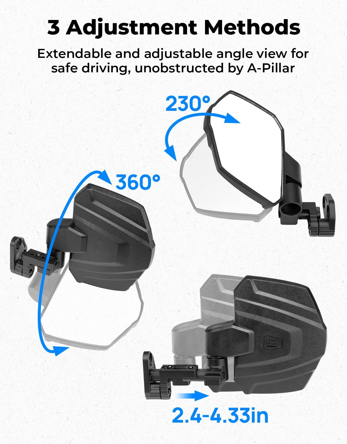 KEMIMOTO Large Side Mirrors A-pillar UTV Mirror Compatible 7.87 inches, Black