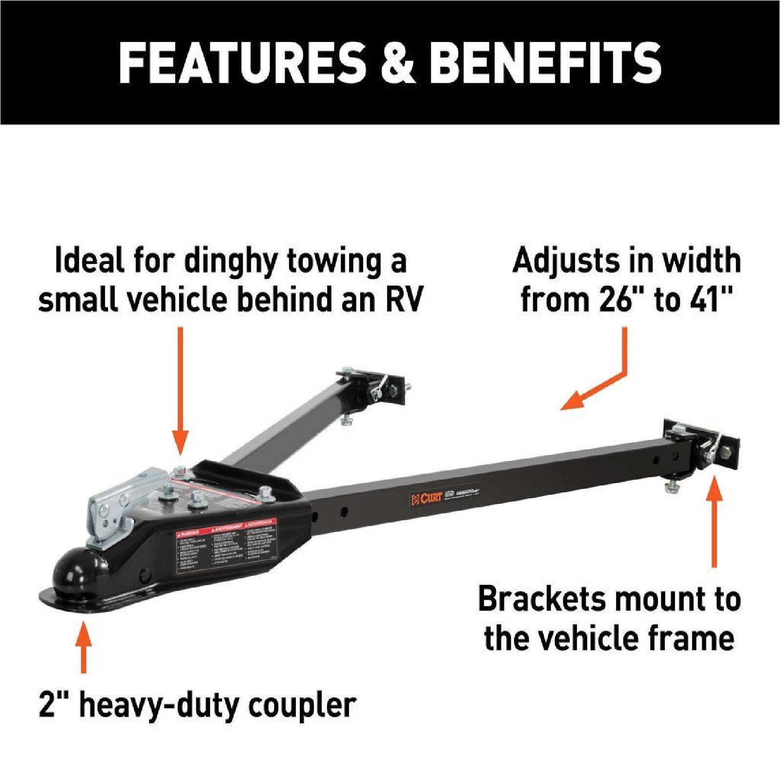Curt 19745 Adjustable Tow Bar w/ Heavy Duty Coupler 5000 lb. Capacity