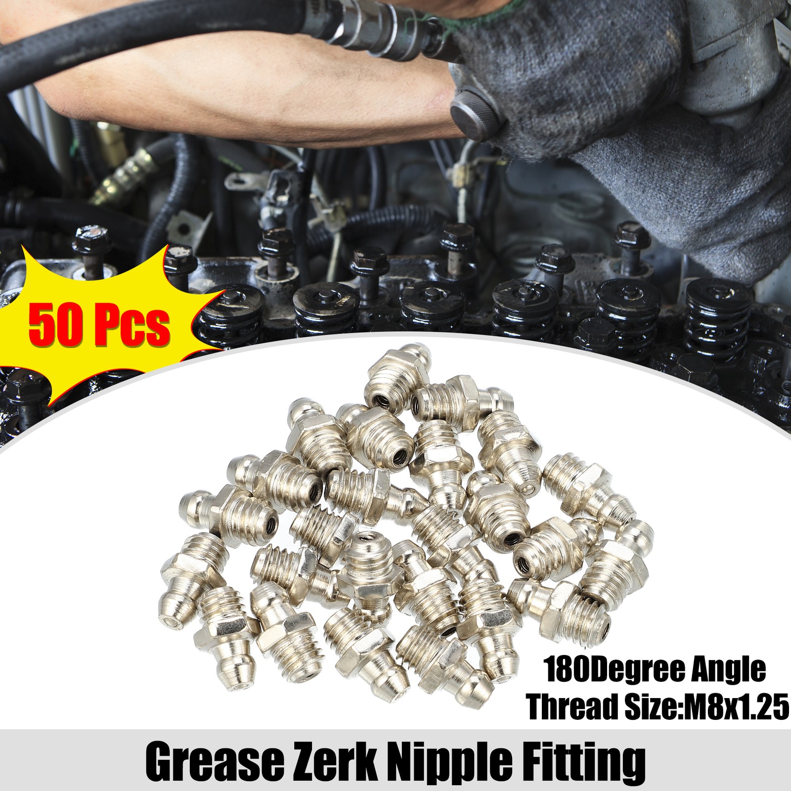 50pcs M8x1.25 Auto Grease Nipple Fitting Straight 180 Degree Nickel Plated