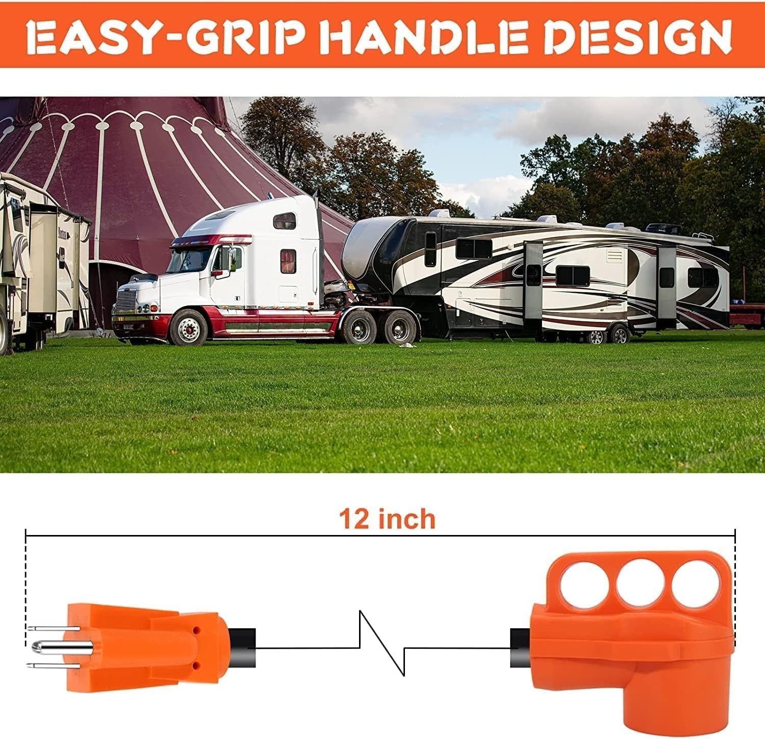 Heavy Duty 15A Male to 50A Female RV Adapter Cord—12-Inch with Easy Grip Handle