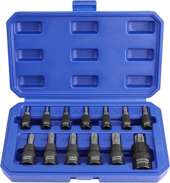 WORKPRO 13PC Torx Bit Socket Set 1/4″ 3/8″ 1/2″ Drive T8-T60 Torx Bit Socket Set