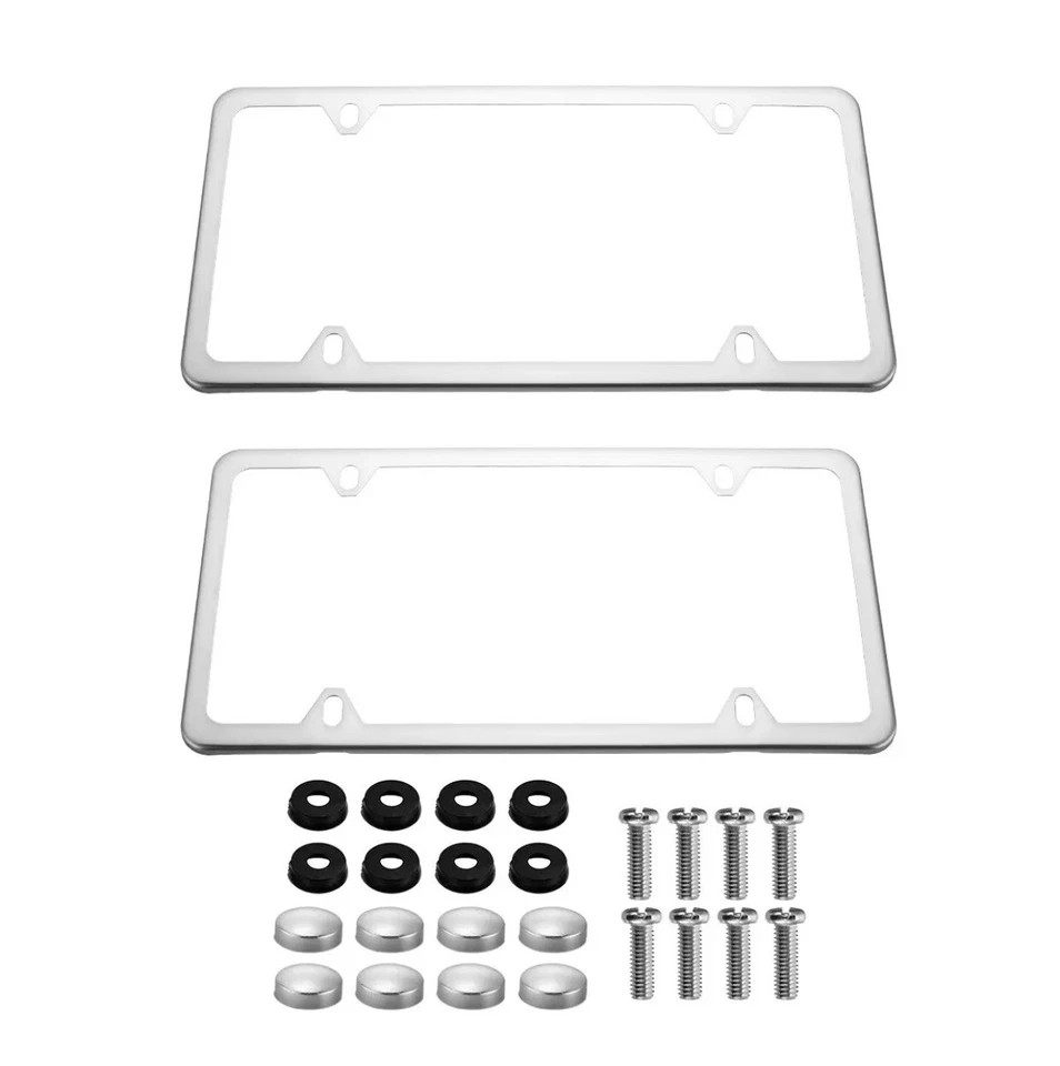 2Pcs Chrome Stainless Steel Metal License Plate Frame Tag Cover With Screw Caps~