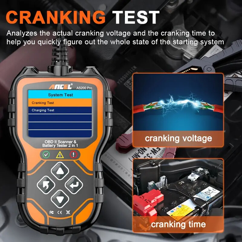 ANCEL AS200 Pro 6V 12V Battery Charging Cranking Tester OBD2 Engine Scan Tool