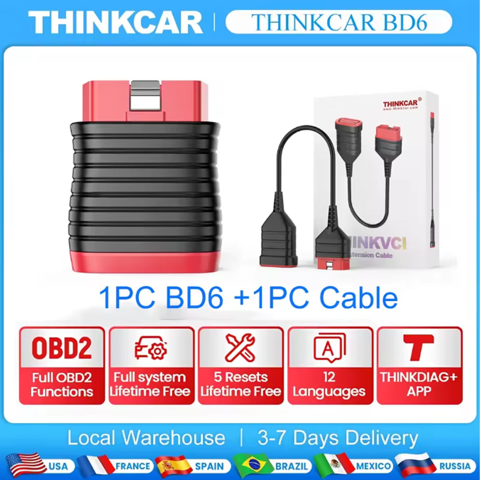 THINKCAR BD6 Auto OBD2 Scanner Full System 5 RESET Diagnostic + Extension cable