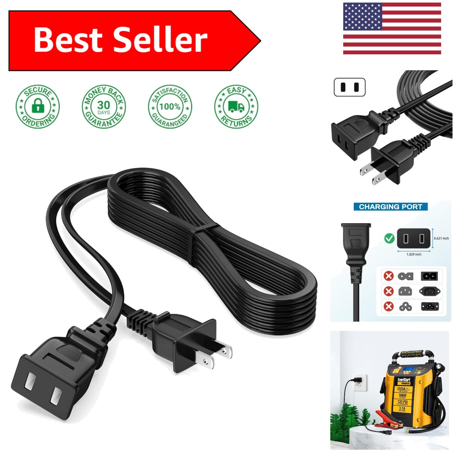 Reliable 5ft AC Power Cord for EverStart MAXX Jump Starter 1200 Peak AMPS