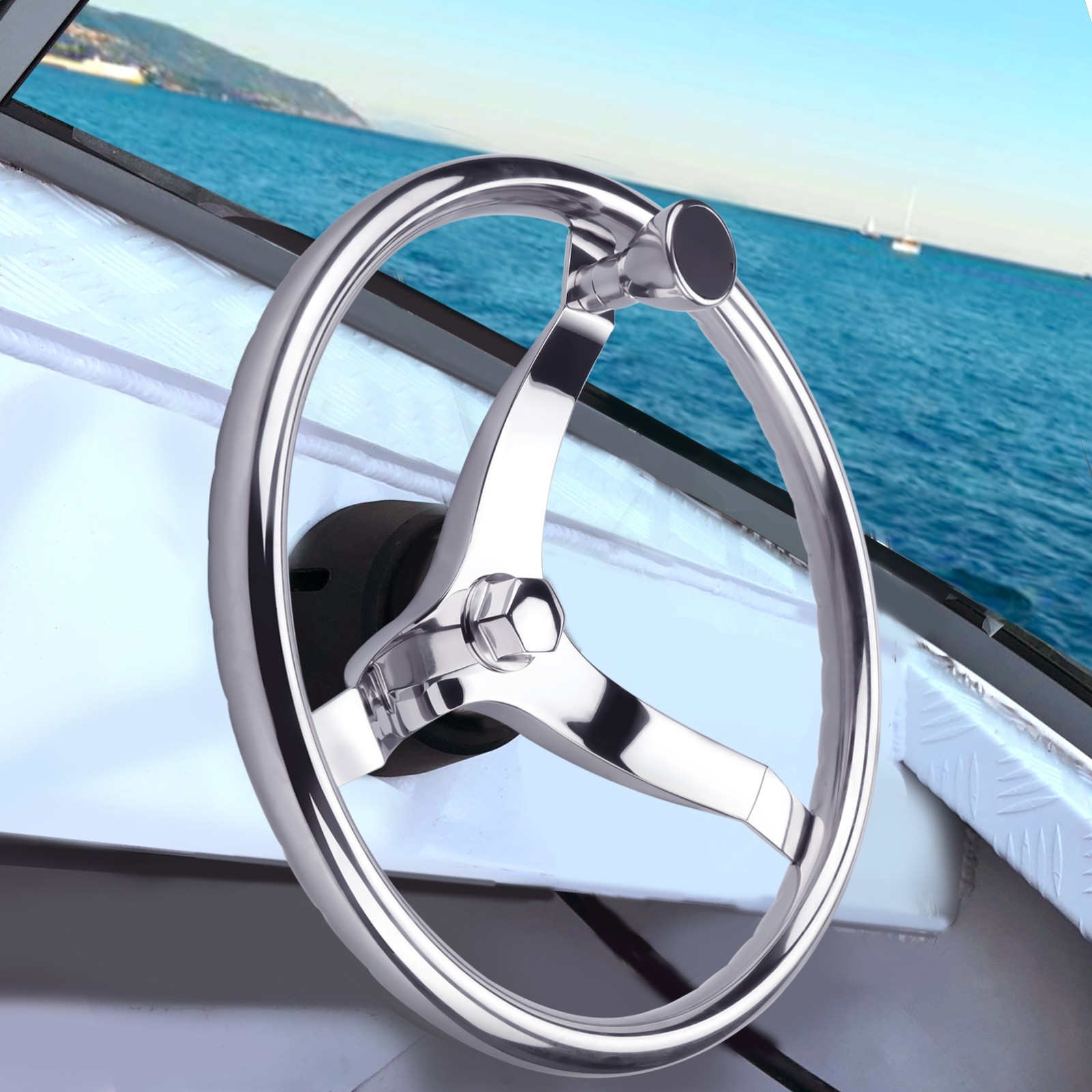 13-1/2″ Boat Steering Wheel Stainless Steel 3 Spokes with Tapered Knob 5/8″ Nut