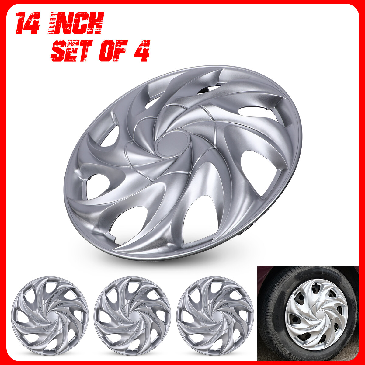 14″ Set of 4 Chrome Wheel Covers Snap On Full Hub Caps fit R14 Tire & Steel Rim