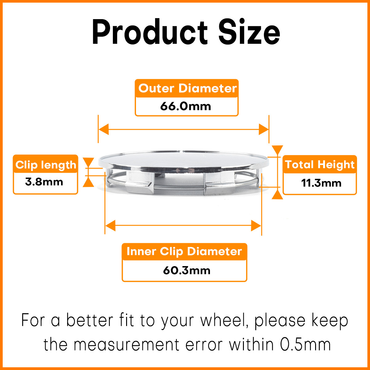 4pcs OD: 66mm 2.6in ID: 60mm 2.38in Universal Wheel Center Caps with Steel Ring