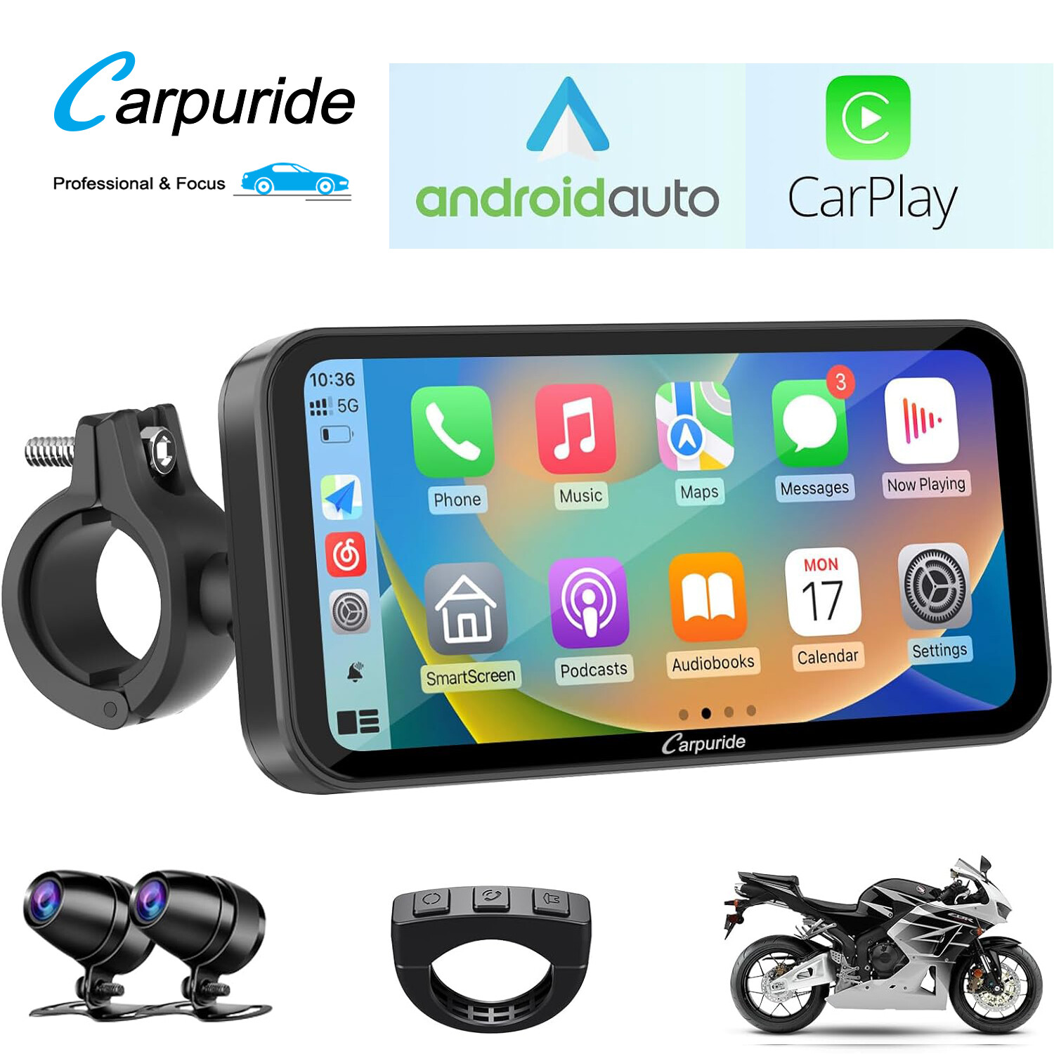 Carpuride W603D Motor Stereos Carplay Dual Cam BTtrans Loop Recording Waterproof