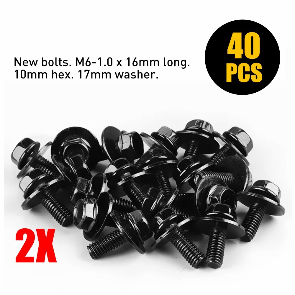 40X Body Bolts Screws Fastener Fender M6-1.0x 16mm Long 10mm Hex 17mm Washer EXD
