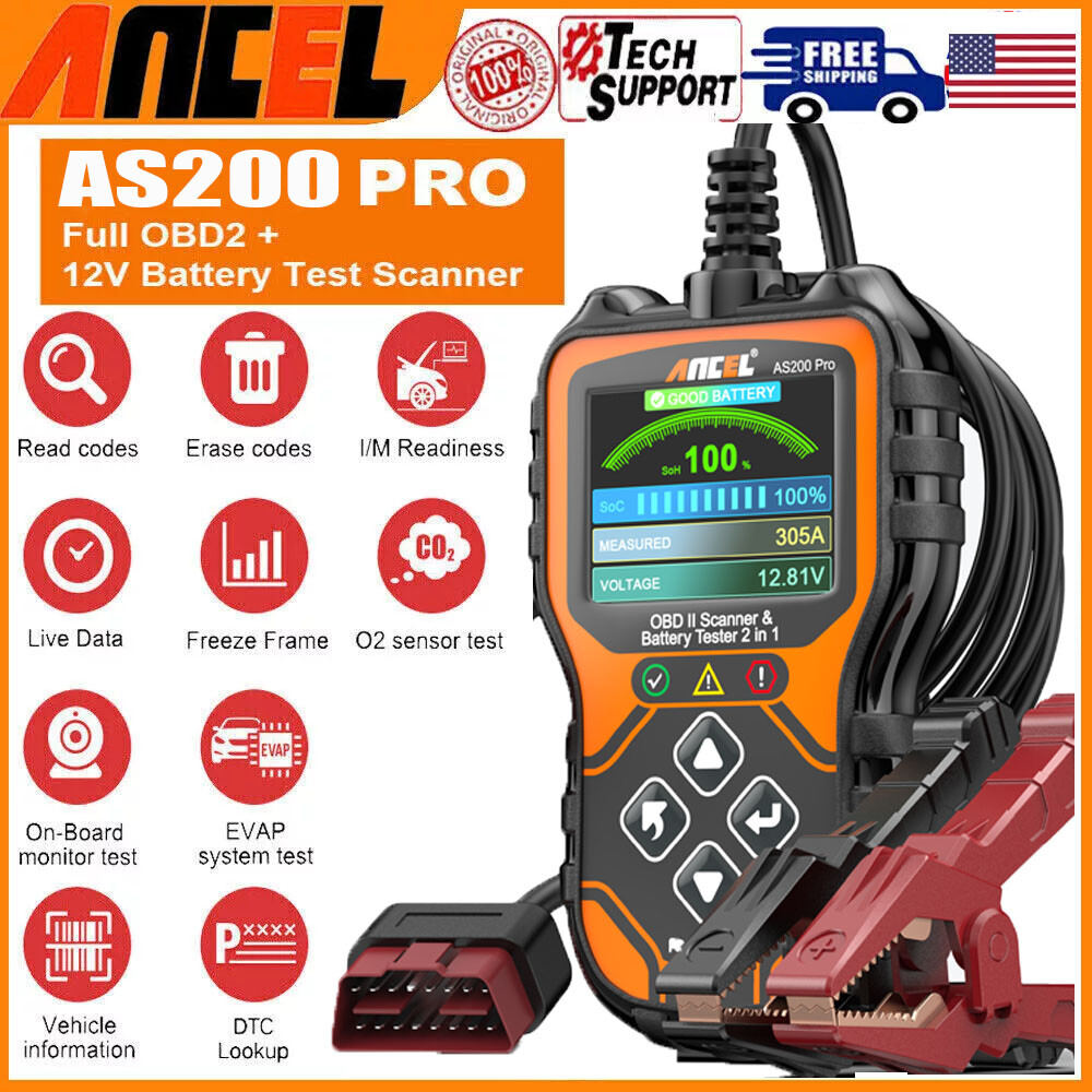 ANCEL AS200 Pro 6V 12V Battery Charging Cranking Tester OBD2 Engine Scan Tool