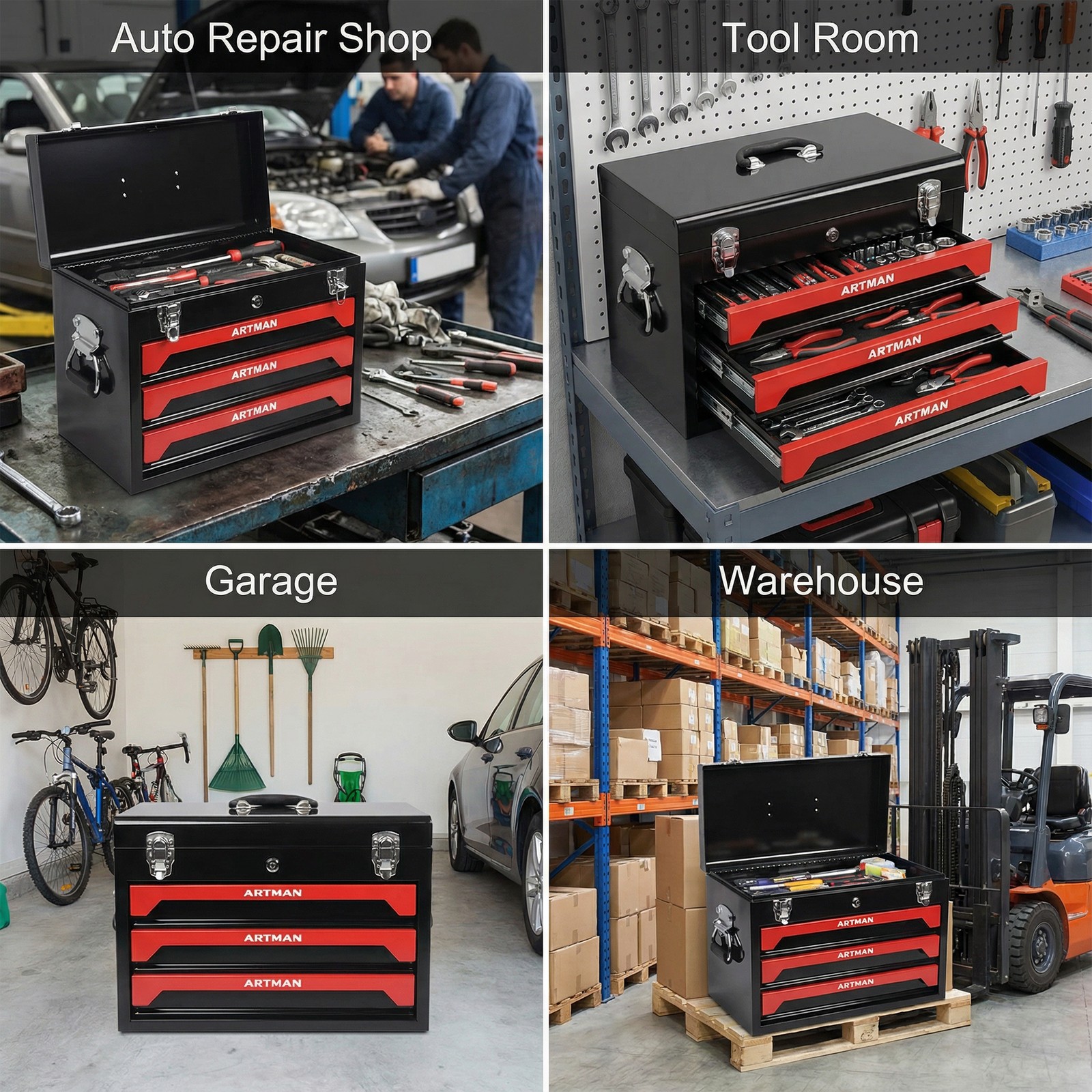 20″ Portable Steel 3-Drawer Toolbox with Latches Top Tray& Handle Garage Storage