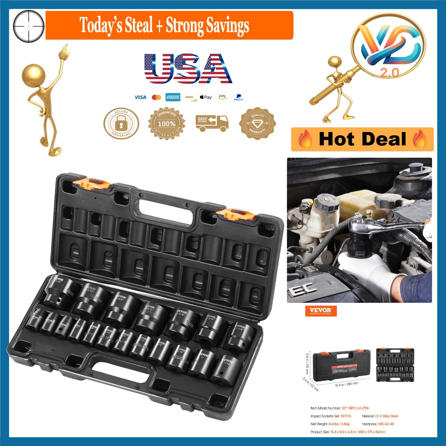 Vevor Impact Socket Set 1/2 Inches 19 Piece SAE Hex Impact Sockets