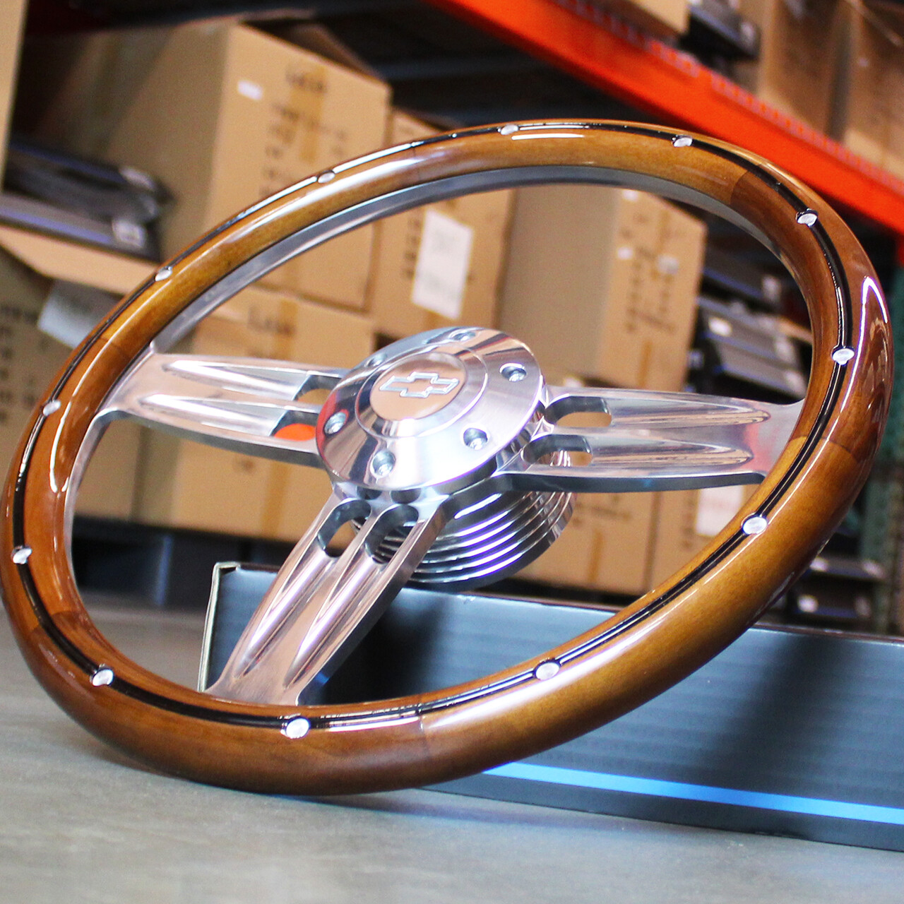 14″ Inch Polished & Wood Steering Wheel Chevy Bowtie Horn , 6 Hole C10 Camaro