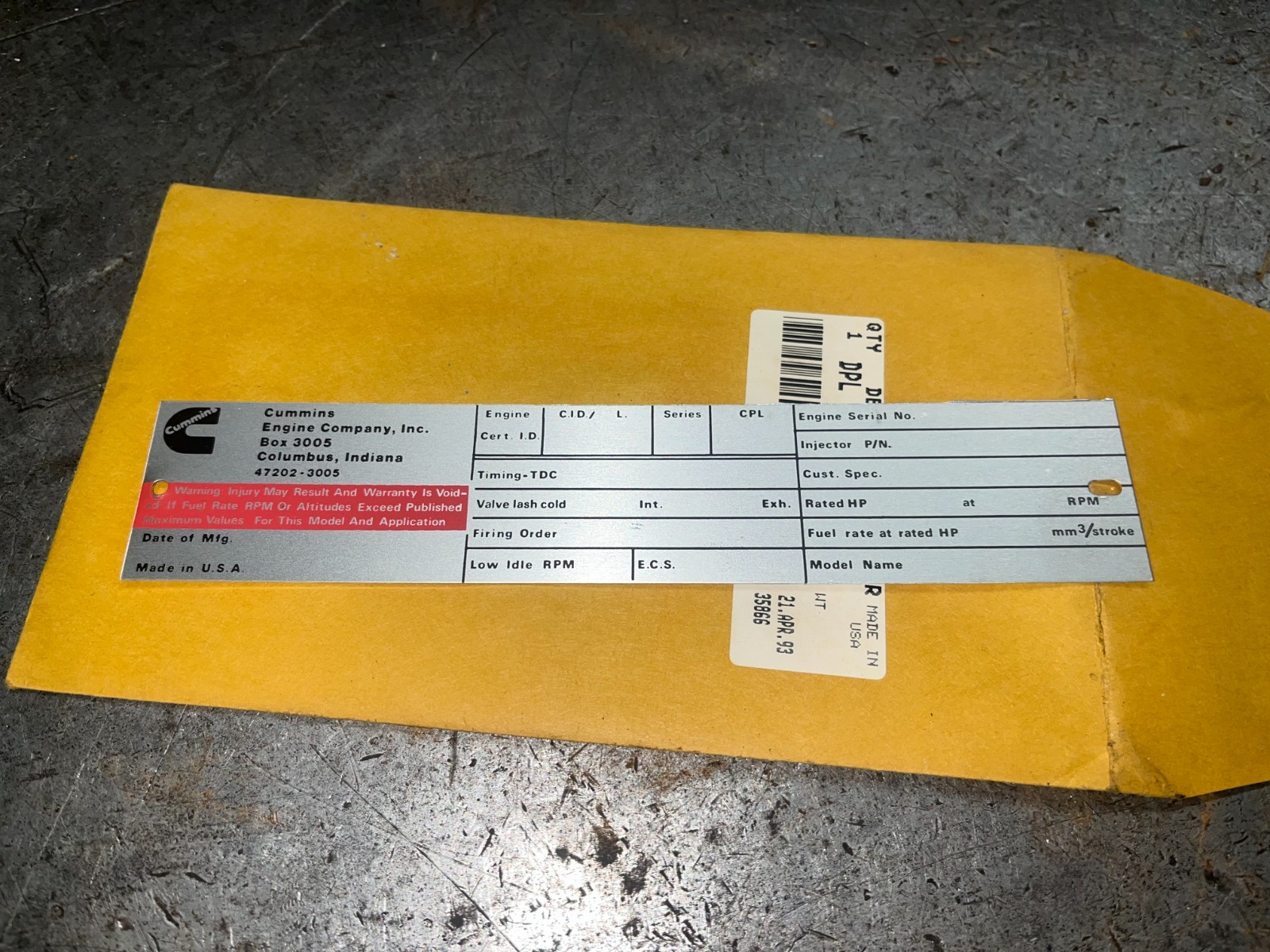 3.9/ 5.9 Cummins BLANK engine ID/information plate