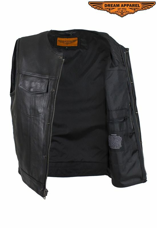 Men’s Motorcycle Leather Vest Zippered & Button-Snap Front Closure w/ Pockets
