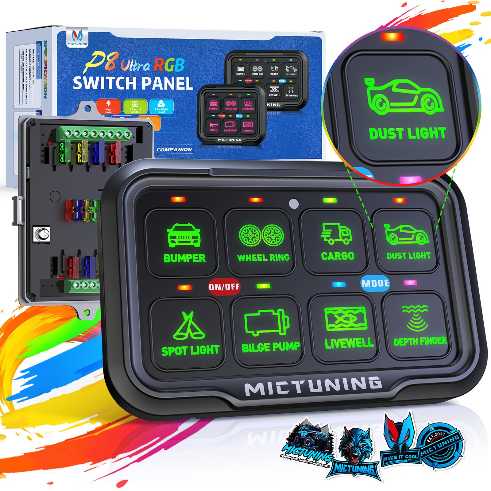 RGB 8 Gang Switch Panel 12/24v LED Light Bar Circuit Relay System Box Car Marine