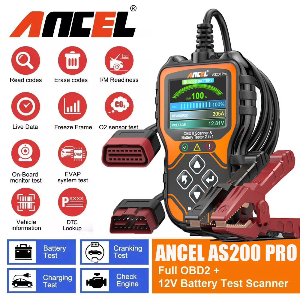 ANCEL AS200 Pro 6V 12V Battery Charging Cranking Tester OBD2 Engine Scan Tool