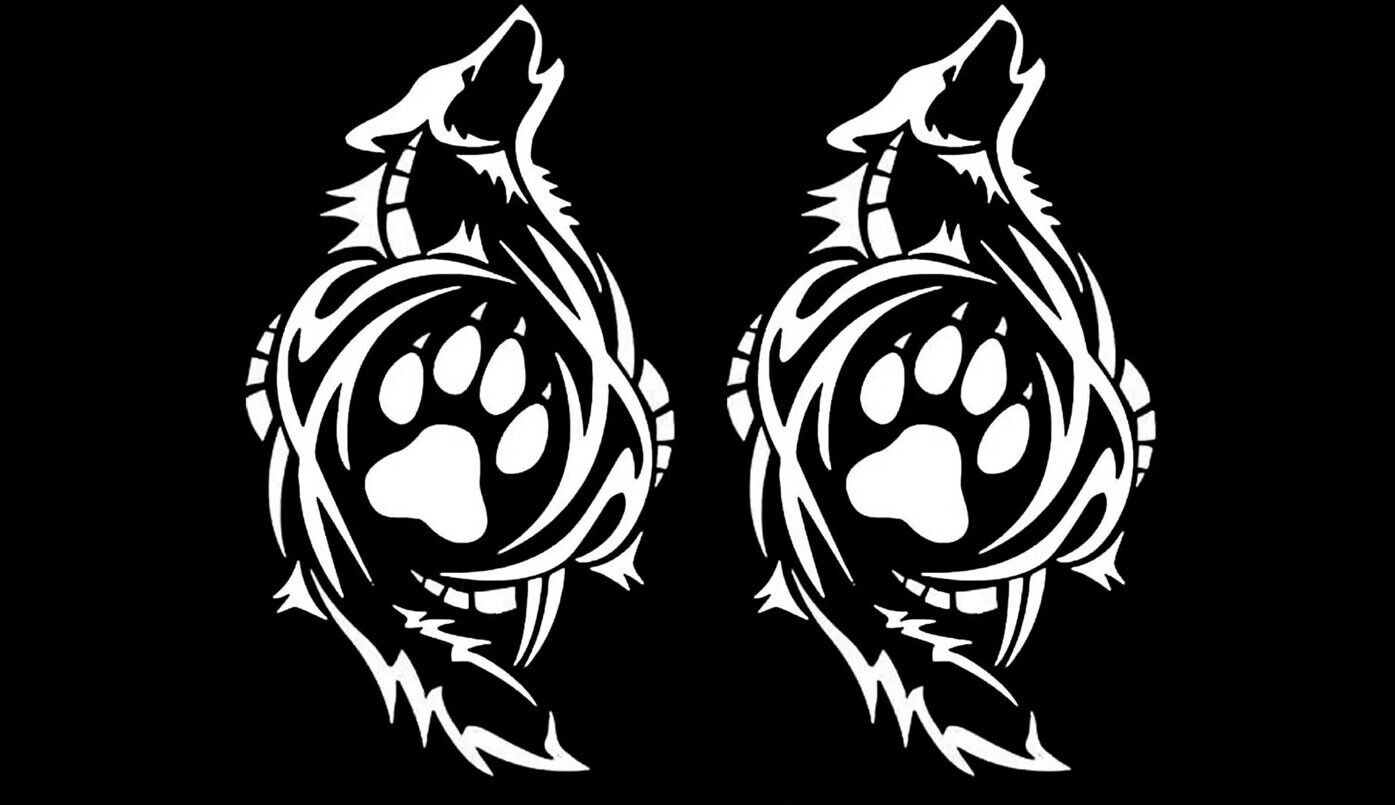 Tribal Wolf Howling Paw TWO PACK 6″ White Vinyl Decal Car Laptop Tablet Window