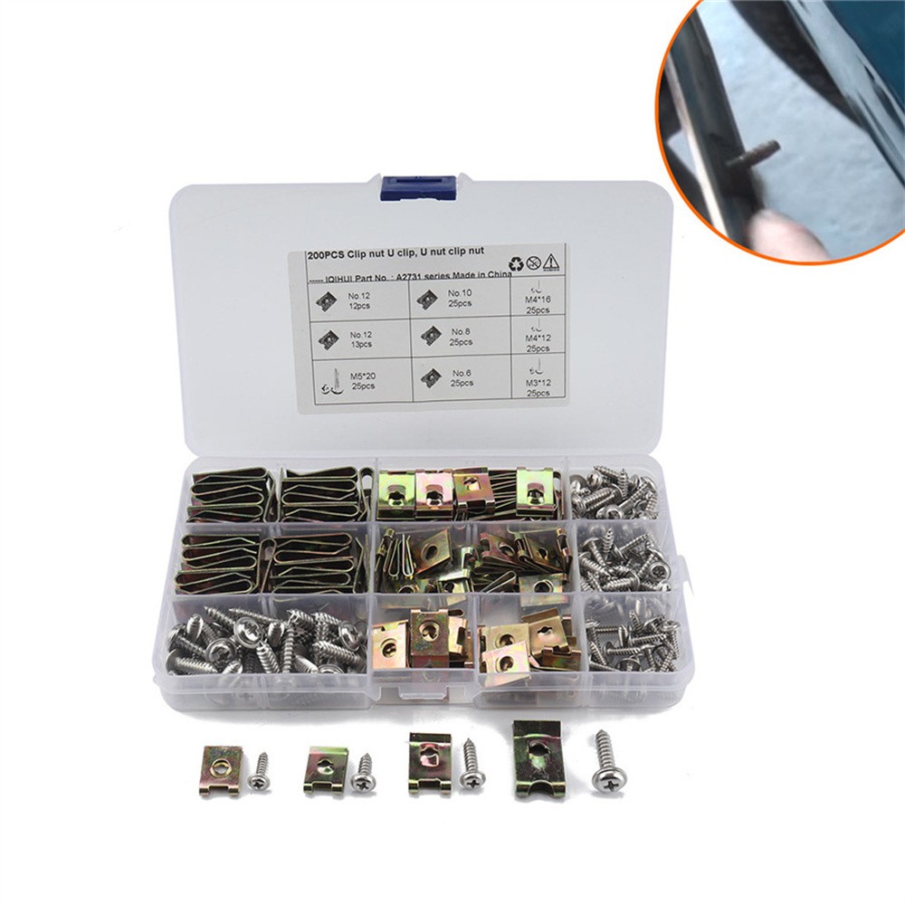 200x U Type Nuts Car Door Panel Fastener Clips w/ Flange Self Tapping Screws Set