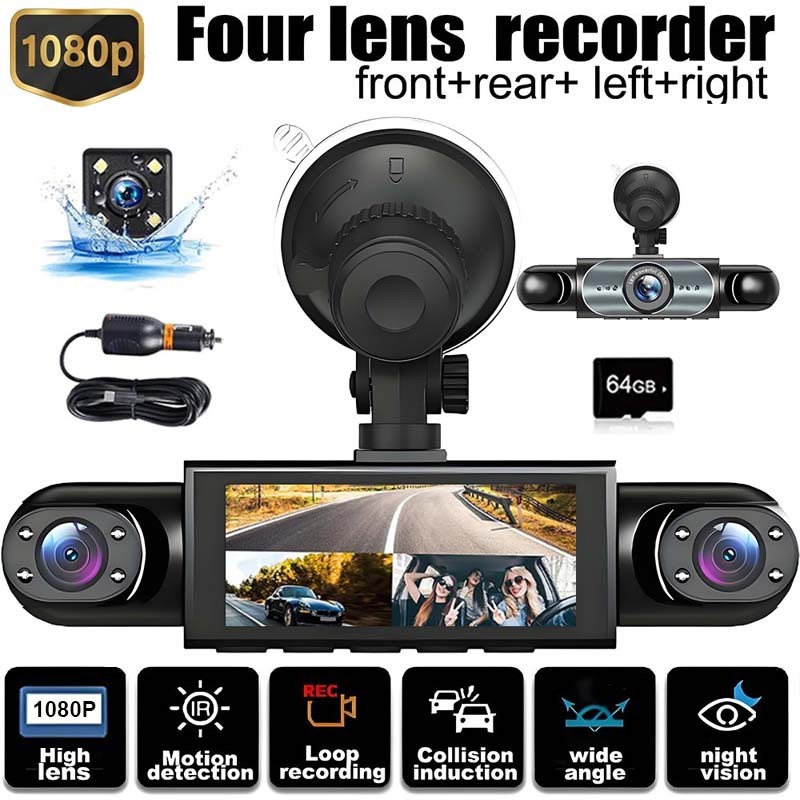 360° 4 Channel HD 1080P Car Dash Cam Front and Rear Inside Left Right + Camera