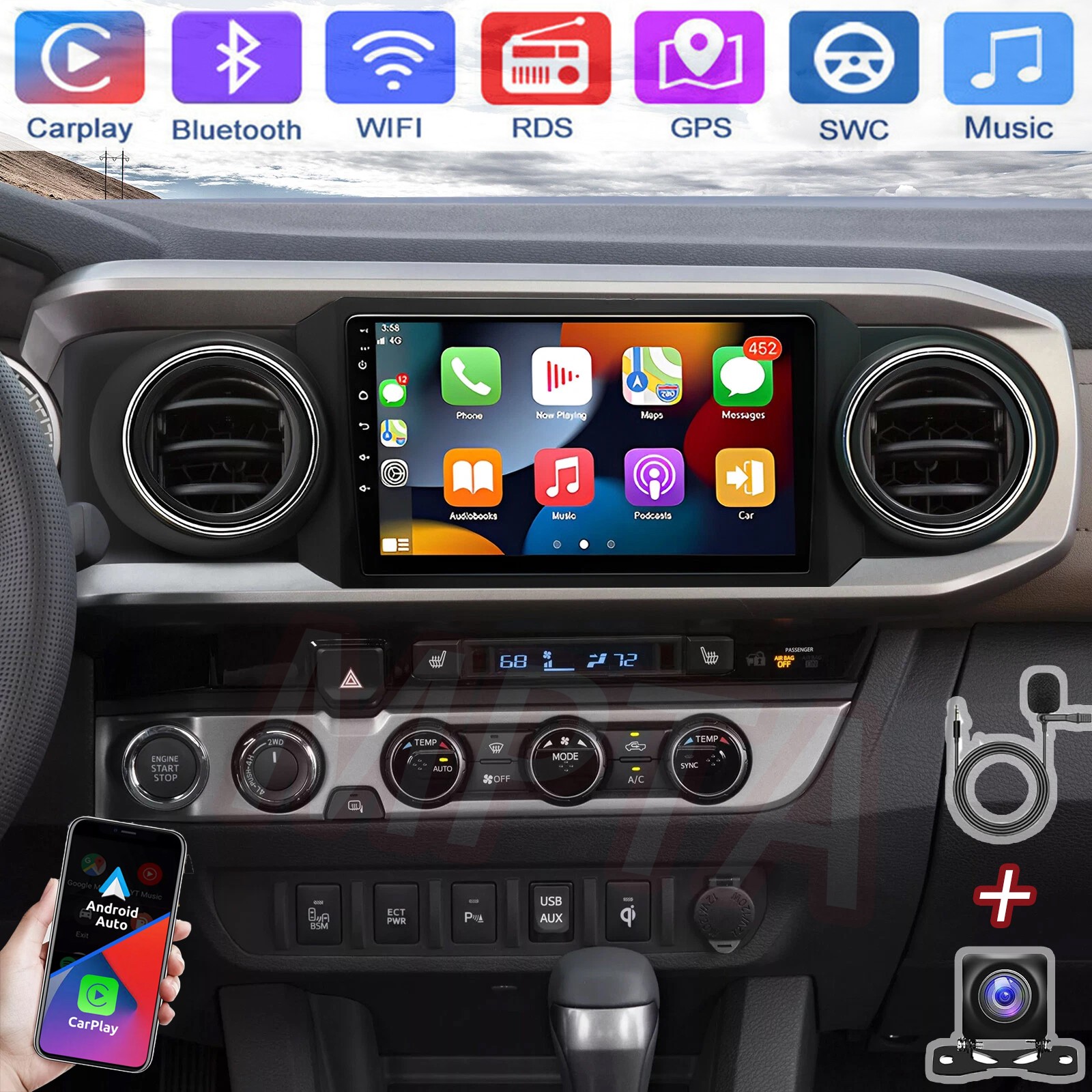 Android 15 CarPlay Car Radio Stereo Head Unit GPS BT For Toyota Tacoma 2016-2021