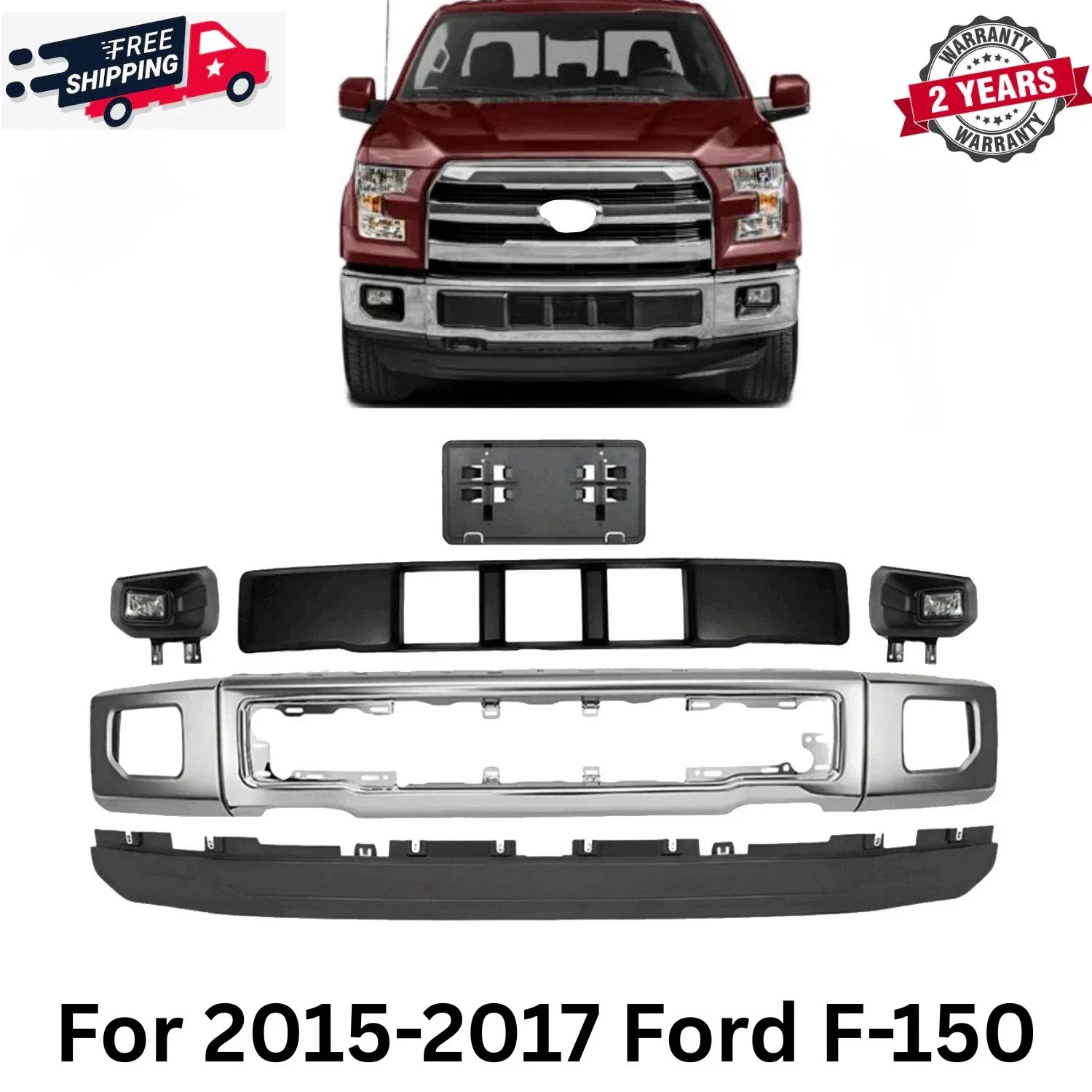 Front Bumper Chrome Steel and Fog Lights Assembly Kit For 2015-2017 Ford F-150