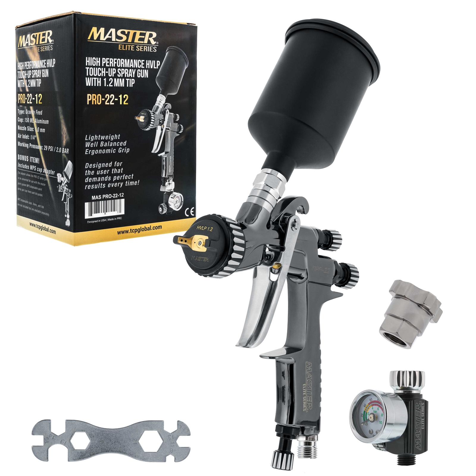 Master Elite PRO-22 HVLP Spray Gun, 1.2mm Tip, Air Regulator, MPS Cup Adapter