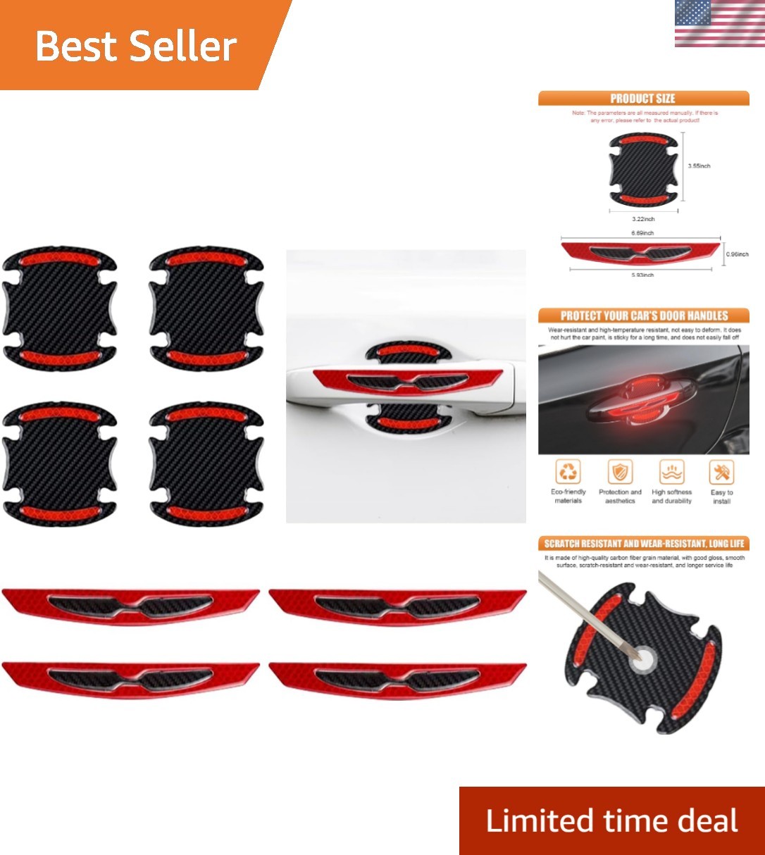8PCS Red 3D Carbon Fiber Car Door Handle Protector Stickers – Reflective Safety