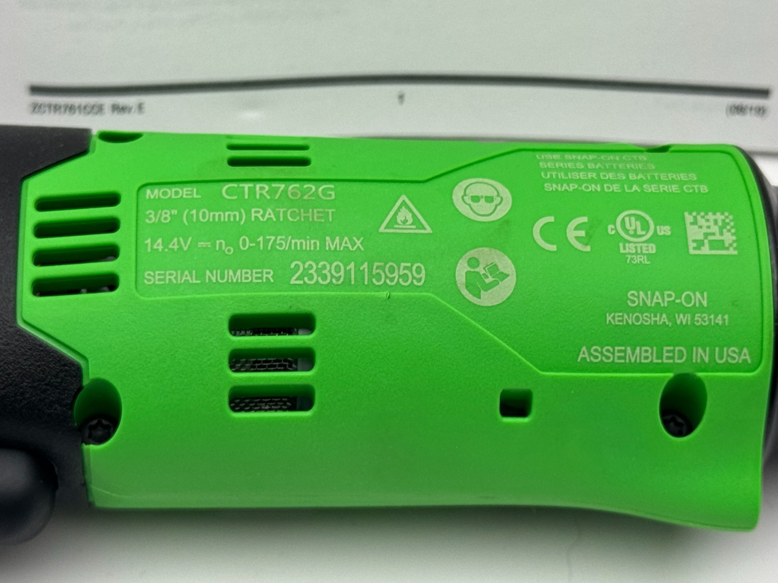 Snap-On Tools NEW CTR762 Green 3/8″ Cordless Ratchet 14.4 Volt Micro Lithium