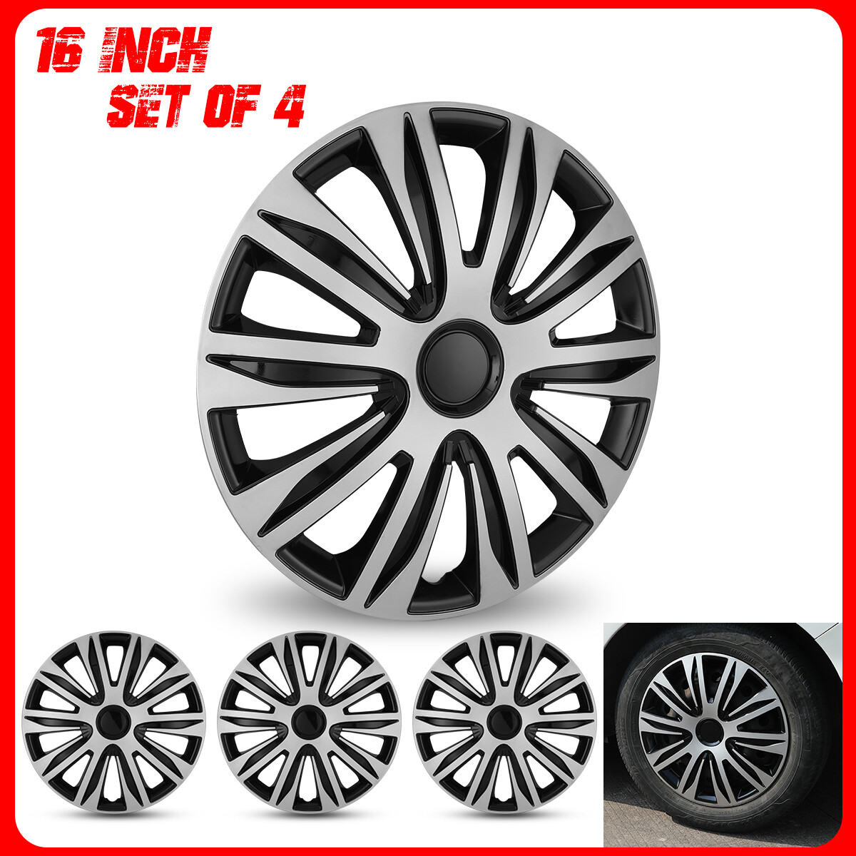 for Toyota Corolla Nissan Versa Chevy Wheel Cover 4PCS Black Silver 16” Hub Caps
