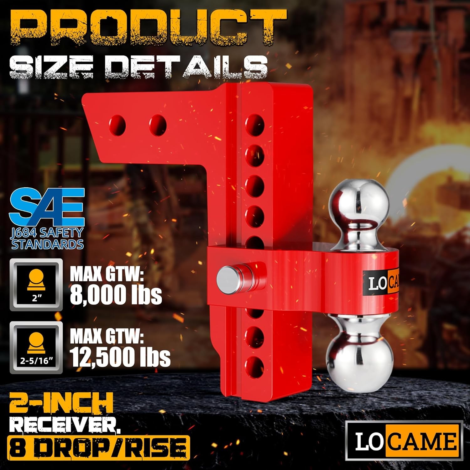 LACOME 2″ Receiver 8″ Drop Adjustable Trailer Hitch Tow Hitch Dual Ball 12500 lb