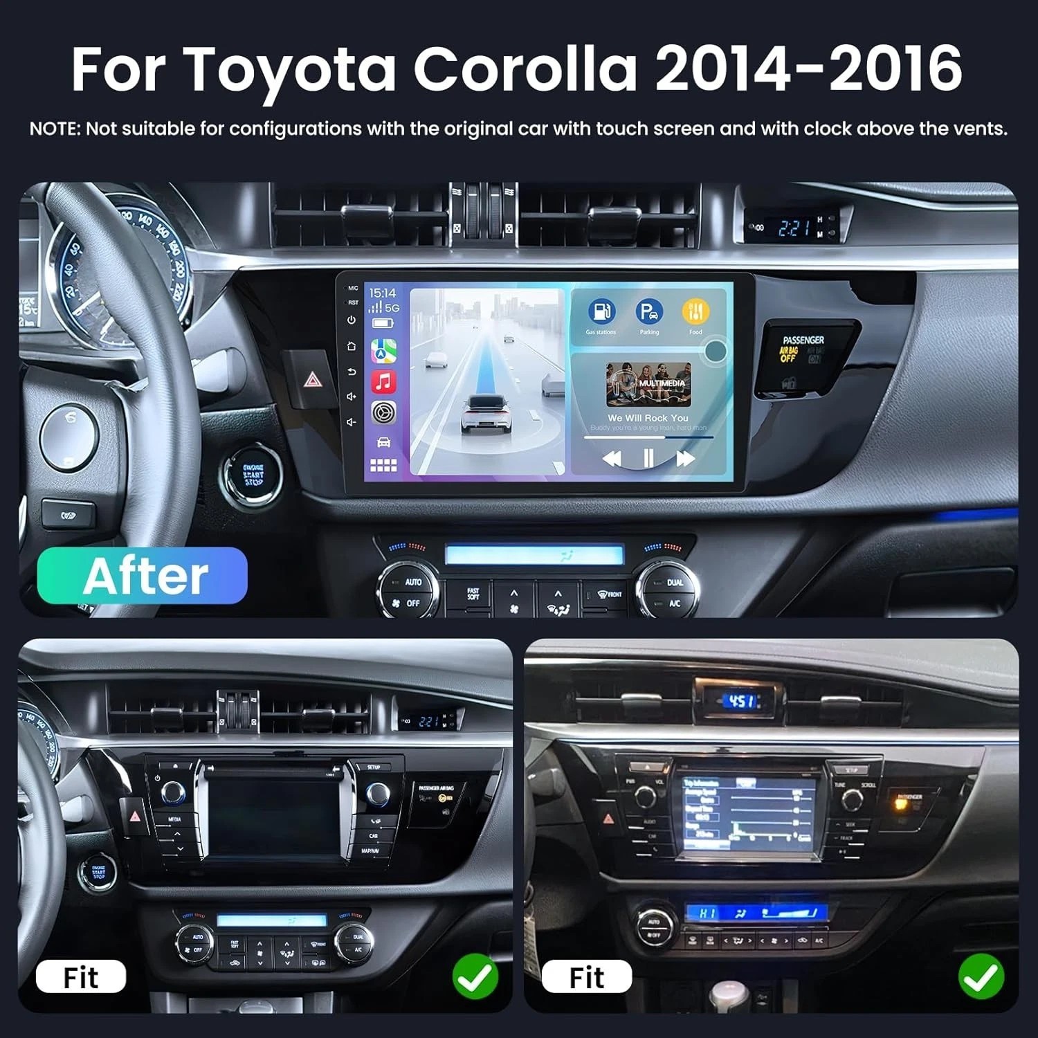 For Toyota Corolla 2014-2016 Apple CarPlay GPS WiFi Android 15 Car Stereo Radio