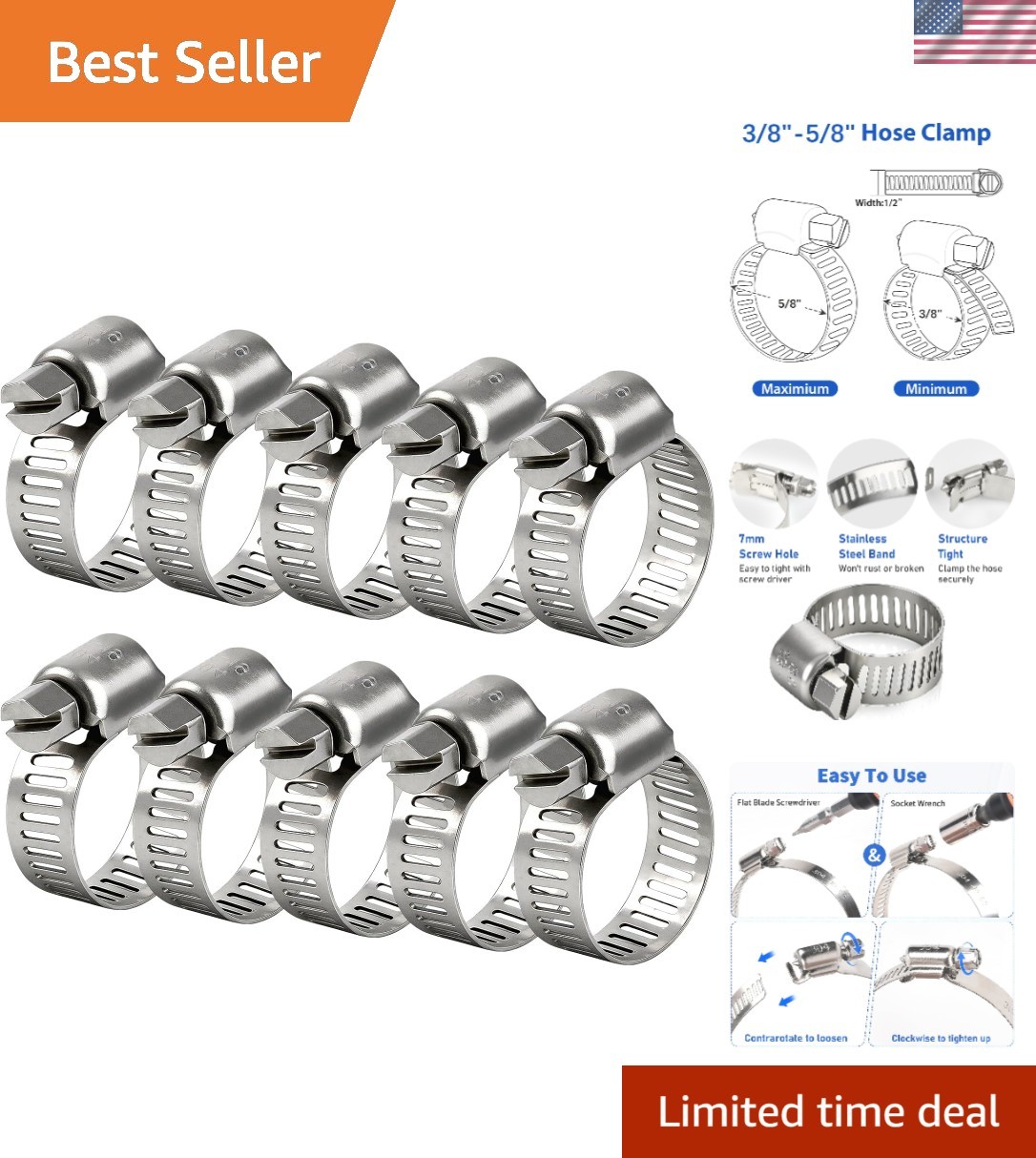 Adjustable Hose Clamps, 3/8-5/8 Inch, 10 Count for Plumbing & Automotive