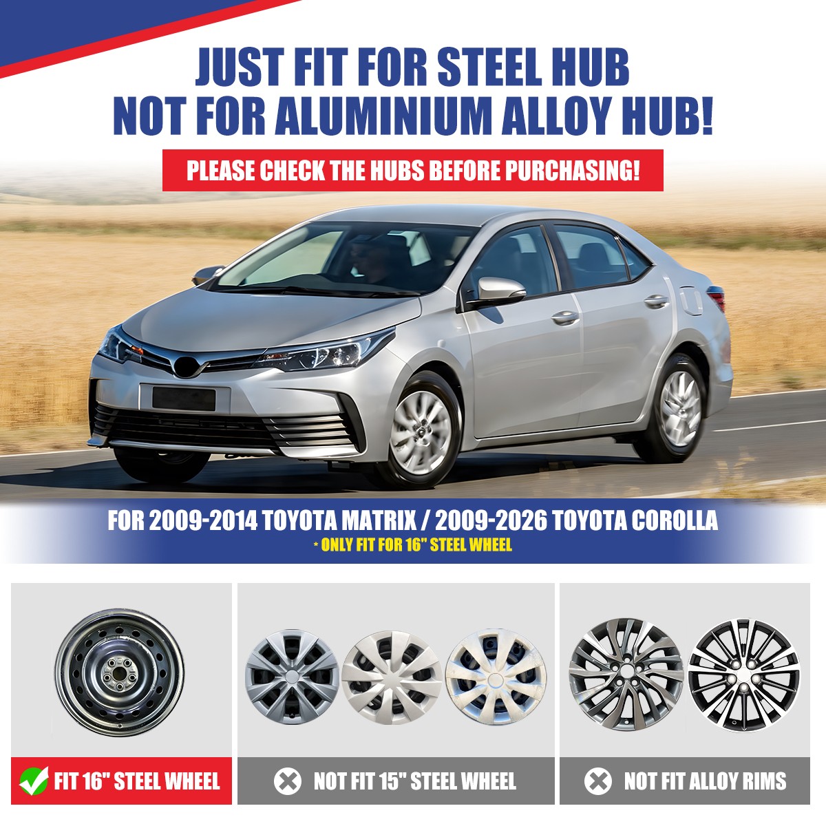 16″ Set Of 4 Push-on Hubcaps Wheel Rims Cover Fit for 2009-2025 TOYOTA COROLLA