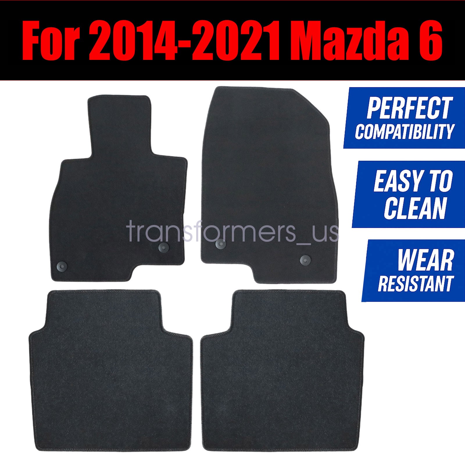 2014-2021 Fits Mazda 6 Replacement Velour Front & Rear Floor Mats Carpet Black