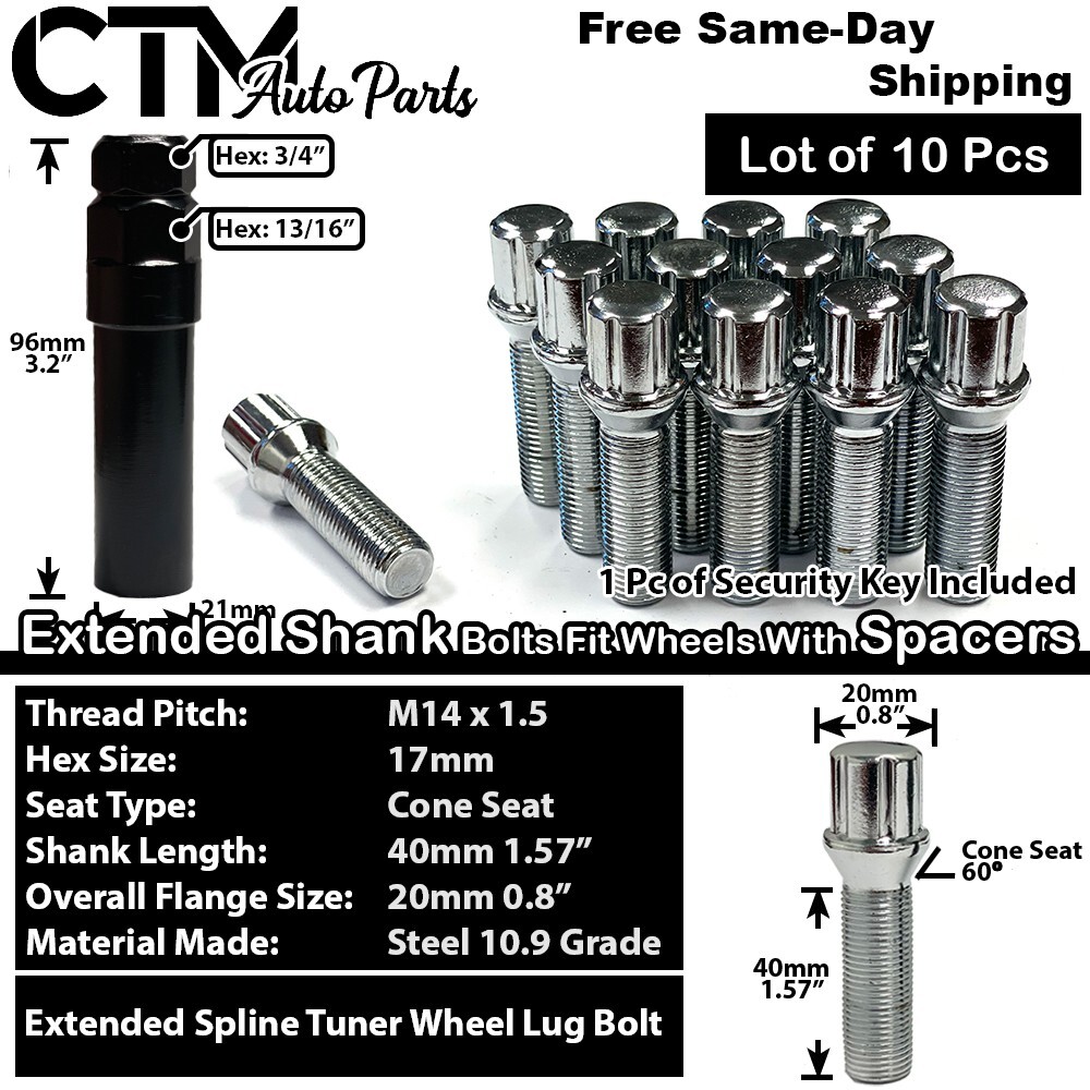 10x Chrome 14×1.5 Extended Spline Lug Bolts 40mm Shank For 10-15mm Spacer Wheels